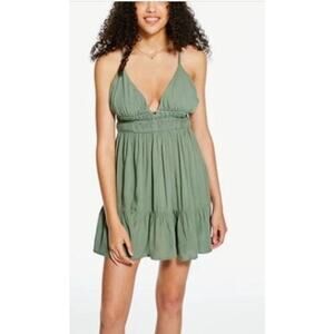 Aeropostale Size XS Smocked Mini Dress Sage Green Plunge Tiered Sleeveless